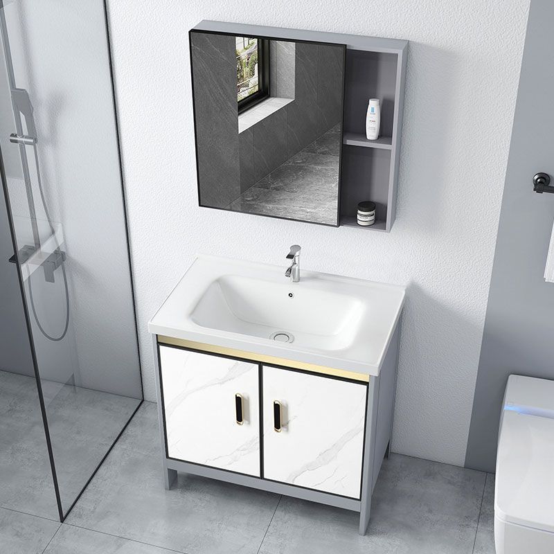 Ceramic Top Bathroom Vanity White Rectangle Single Sink Freestanding Mirror Vanity Set