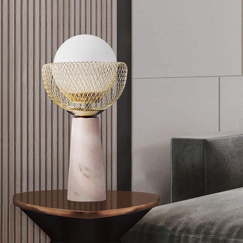 Sphere White Glass Table Light Minimalist 1-Head Gold Night Lamp with Mesh Design