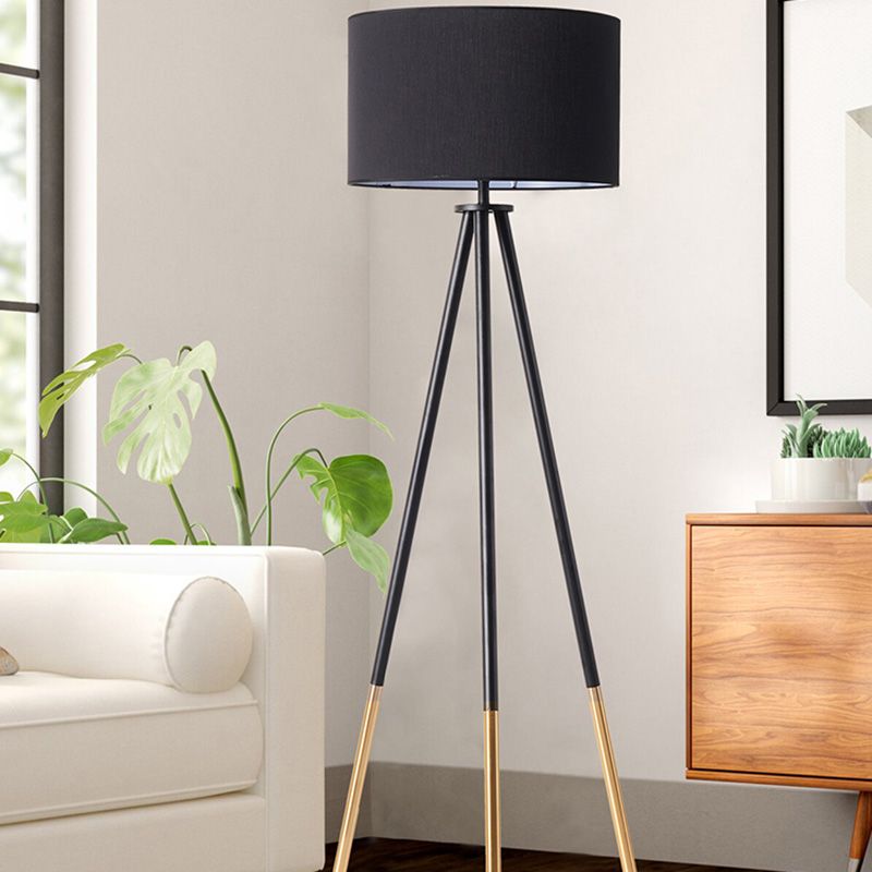 Metal Tripod Shaped Floor Light Simplicity 1-Bulb Living Room Standing Lamp with Drum Fabric Shade