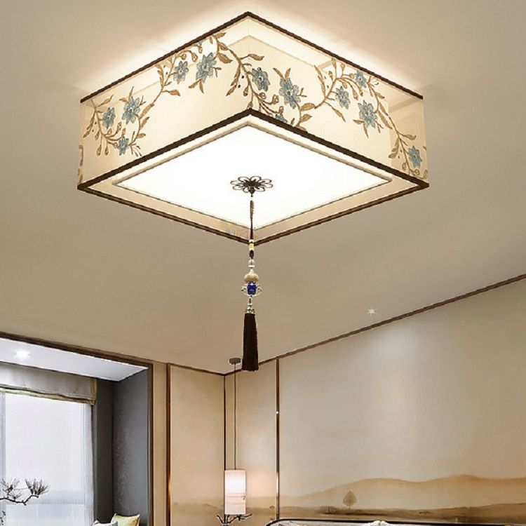 Geometry Shape Ceiling Lamp Tradition Iron Flush Mount with Fabric Lampshade for Corridor