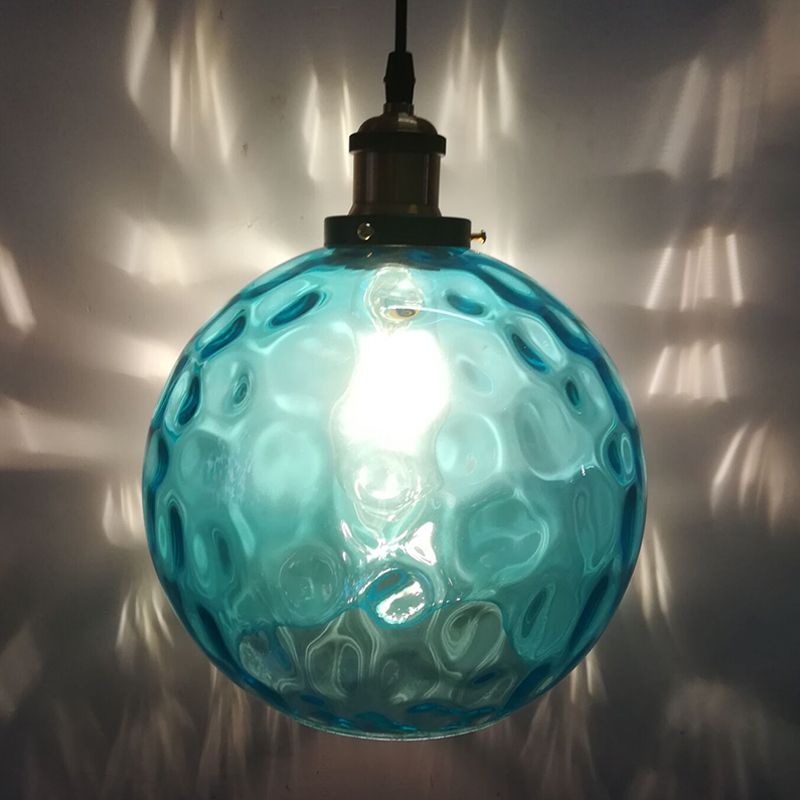 Globe Pendant Light Industrial 1 Light 8"/10"/12" Wide Dimpled Glass Hanging Lamp in Blue