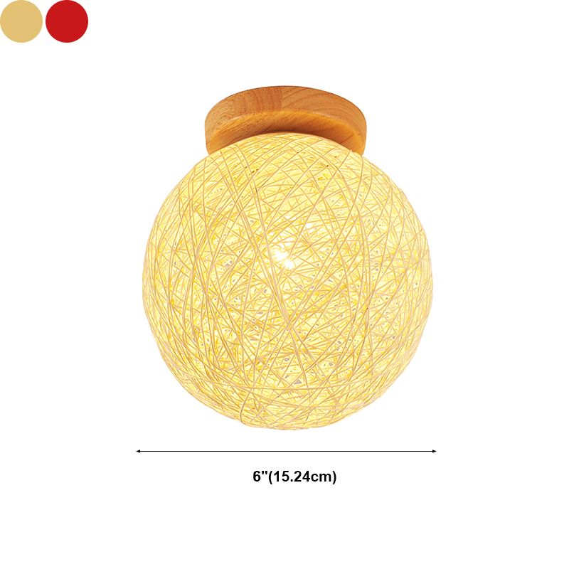 Ball Shape Ceiling Lamp Asian Style Rattan 1 Light Flush Mount for Aisle Corridor