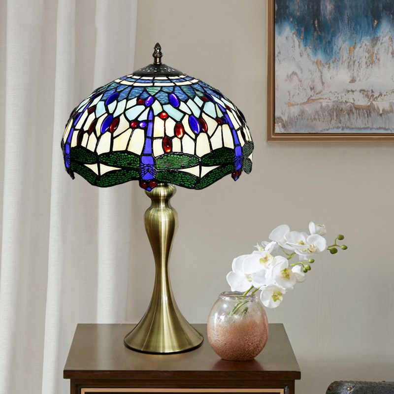 1-Head Bowl Shape Table Lighting Tiffany Green Dragonfly Glass Nightstand Lamp in Gold