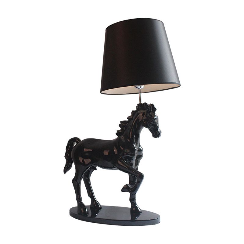 Black Steed Nightstand Light Retro Resin Single Bedside Table Lamp with Cone Fabric Shade