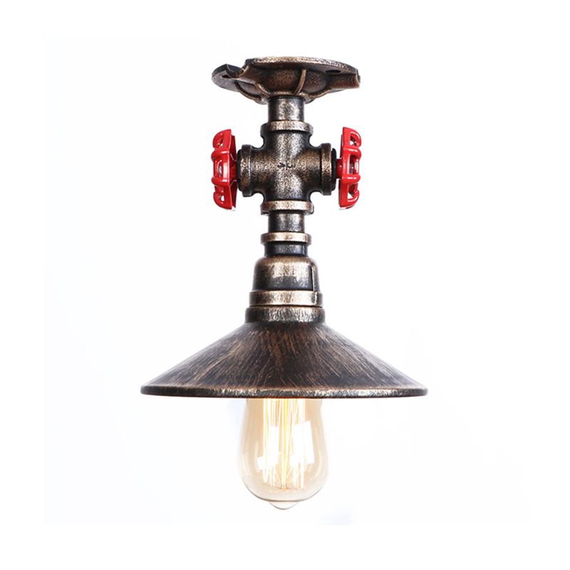 Luz de techo semi-flush de cono de hierro loft industrial 1 lámpara de techo de dormitorio ligero con válvula roja del grifo en negro/bronce