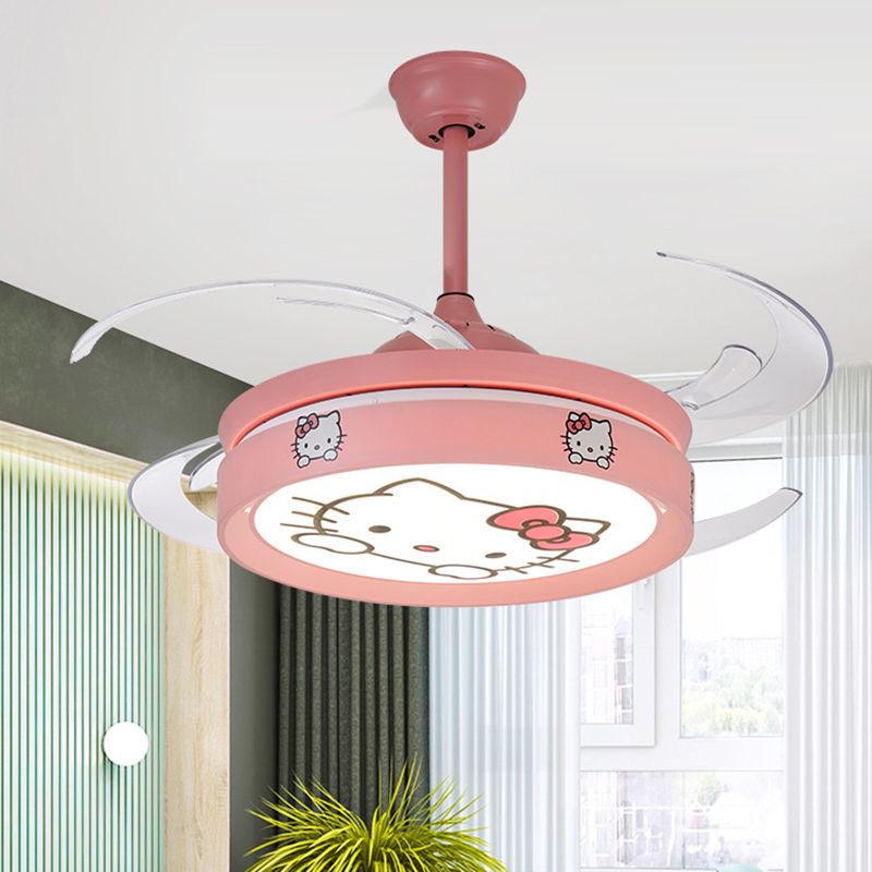 47 "W Cirkel hanger plafondventilator licht Kinderstijl metalen woonkamer LED Semi Flush gemonteerde lamp in roze met 4 heldere messen