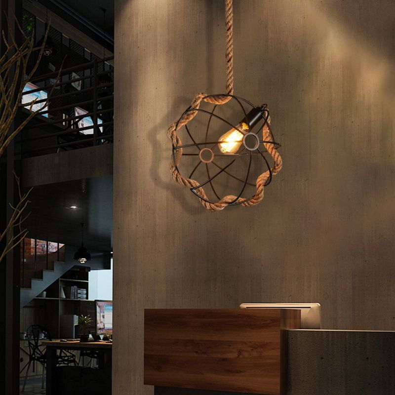 Beige 1 Light Pendant Lighting Industrial Metal and Rope Round Hanging Lamp for Dining Room