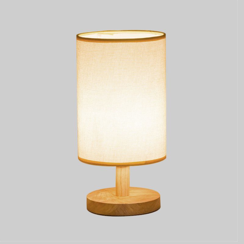 Fabric Cylinder Task Lighting Japanese 1 Bulb Reading Lamp in White/Flaxen with Wood Base