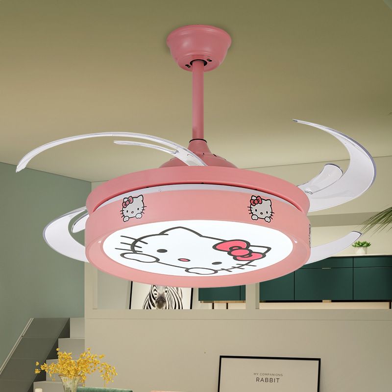 47 "W Cirkel hanger plafondventilator licht Kinderstijl metalen woonkamer LED Semi Flush gemonteerde lamp in roze met 4 heldere messen