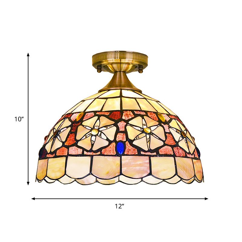 Hand-Worked Bowl Shell Ceiling Lighting Tiffany Style 1 Head Brass Flush Mounted Lamp