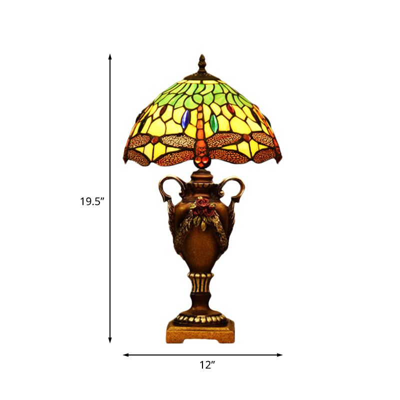 Victorian Bowl Shape Desk Light 1 Head Stained Art Glass Trophy Night Table Lamp in Blue/Green with Dragonfly Pattern