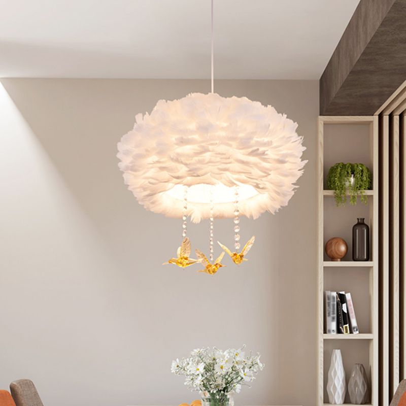 Goose Feather Drum Pendant Light Nordic 5-Light White Chandelier with Bird Deco, 16"/23.5"/31.5" Width