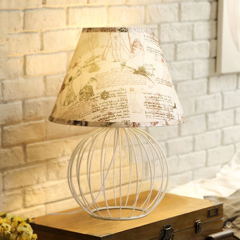 White 1-Light Desk Lamp Traditionalist Fabric Night Table Light with Spherical Wire Cage Base