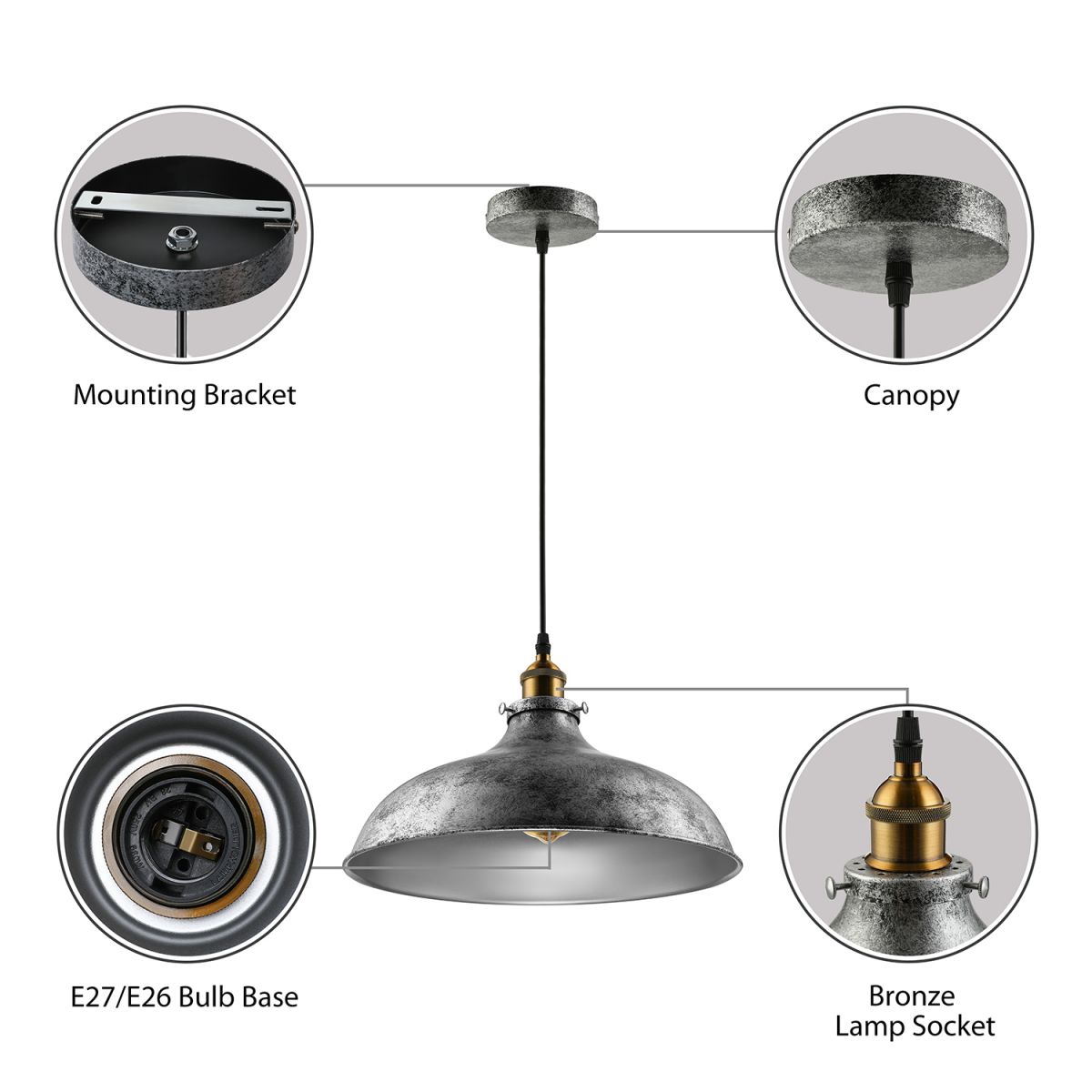 1 Luz de techo de cúpula ligera Luz de techo colgante de hierro gris plateado con estilo gris elegante con cordón para sala de estar