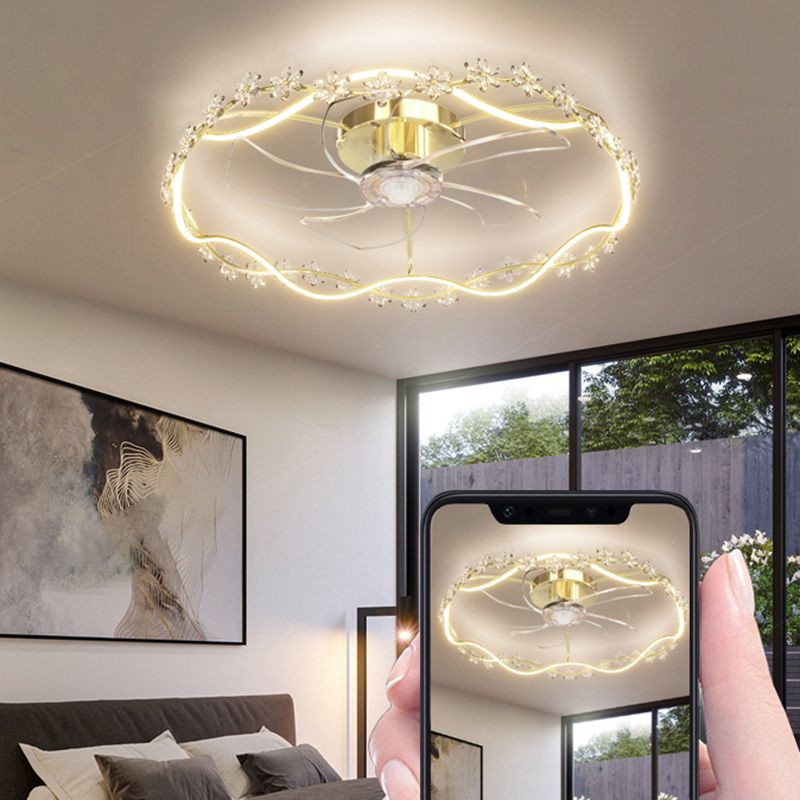 Modern Round Fan Lighting Fixture in Gold Metal and Acrylic LED Ceiling Fan