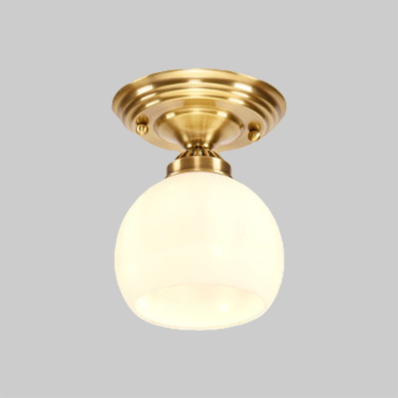 Globe/Cone White Glass Flush Mount Lamp Classic 1 Light Corridor Ceiling Lighting in Brass