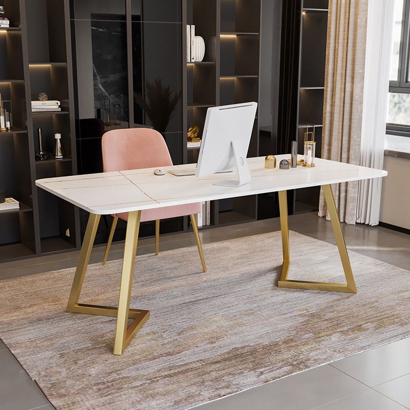 Curved Glam Office Desk Stone and Metal Writing Desk in Black and White