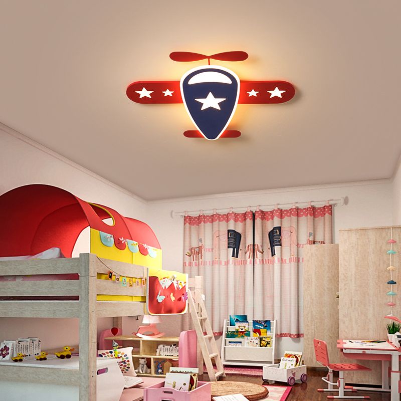 Airplane Ceiling Flush Light Fixture Cartoon Metal Boys Room LED Flush Mount in Red-Navy Blue