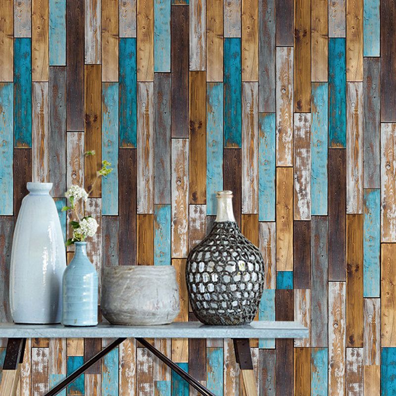 Distressed Wood Board Wallpaper Rustic Smooth Wall Art in Blue-Brown, Peel and Stick