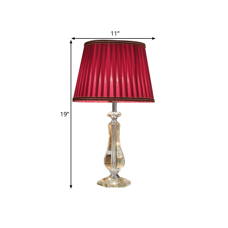 1 Head Flared/Pleated Shade Table Light Traditional Beige/Burgundy/Sky Blue Fabric Nightstand Lamp with Crystal Column