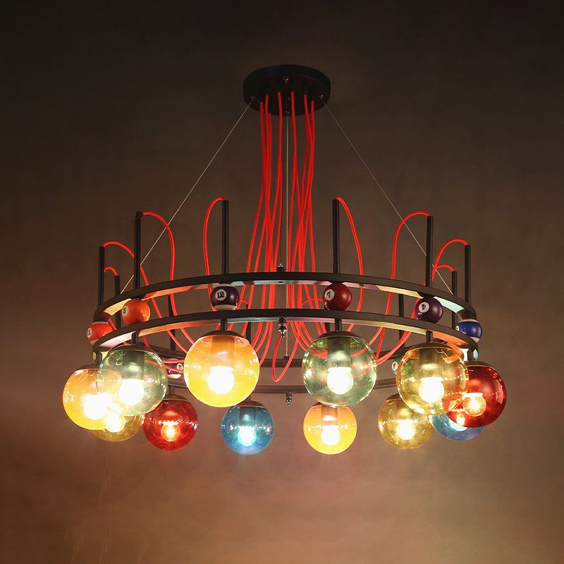 Black Round Ceiling Chandelier Vintage Colorful Glass 8/12/16 Bulbs Living Room Pendant Light with Billiard Decoration