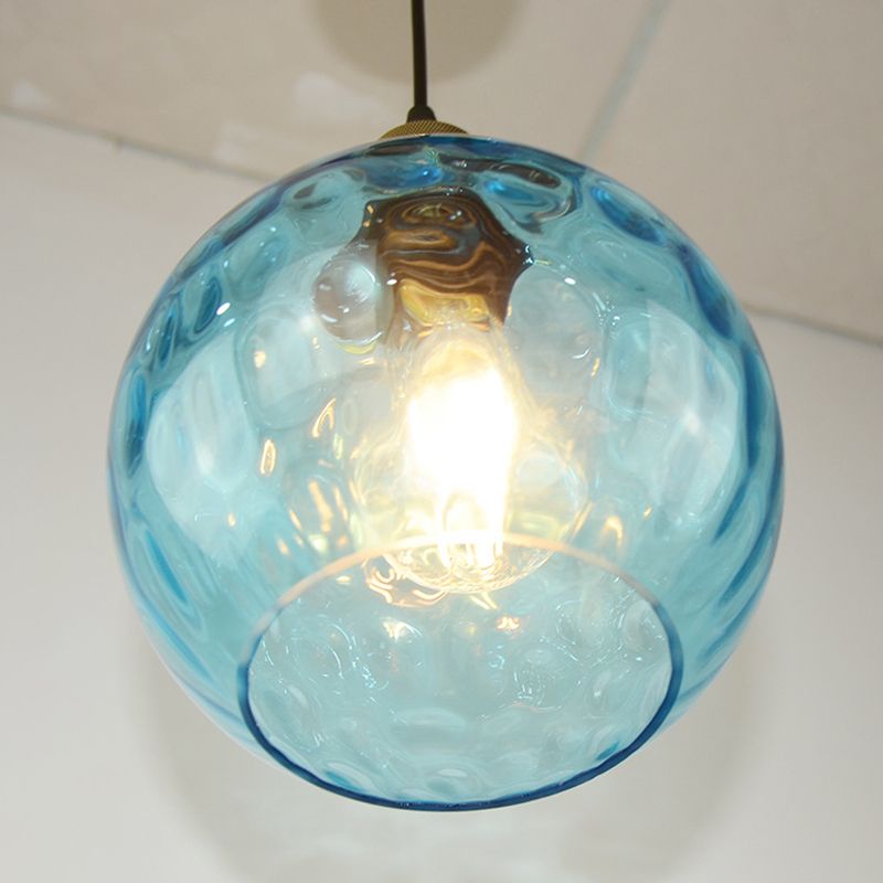 Blue 1 Light Spherical Pendant Lamp Vintage Industrial Ripple Glass Hanging Lamp for Living Room