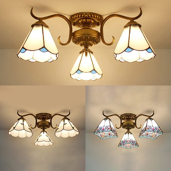 3 Lights Bowl Semi Flushmount Stained Glass Vintage Ceiling Light in Beige/Yellow/Purple/Clear/Blue-Pink/Blue-White/Green-White for Bedroom