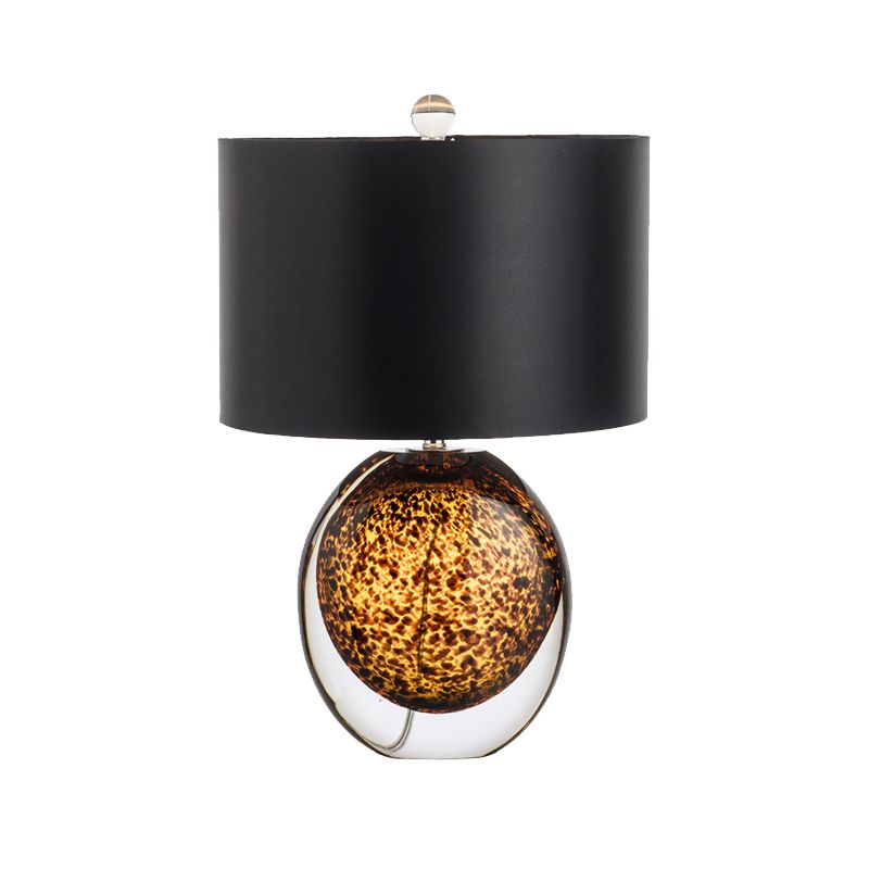 Modernist Drum Task Lighting Fabric 1 Head Small Desk Lamp in Black with Globe Amber Glazed Crystal Base