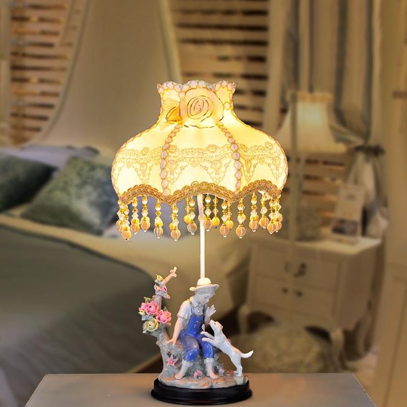 Beige Ruffle Edge Nightstand Lamp Pastoral 1 Light Fabric Night Light with Ceramic Boy and Dog