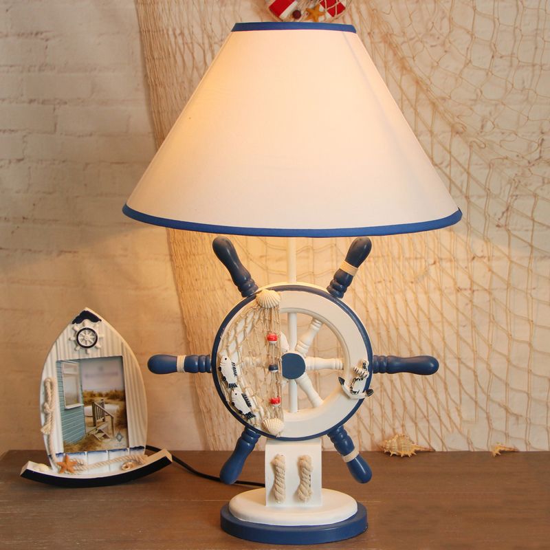 Lifebuoy/Rudder Wooden Table Light Kids 5-Light Blue Nightstand Lamp with Conical Fabric Shade