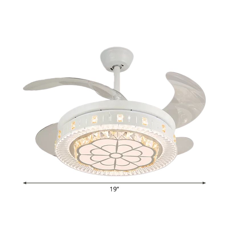 19" Wide White Layered Ceiling Fan Light Modernist LED Crystal Semi Flush Mount, 4 Blades