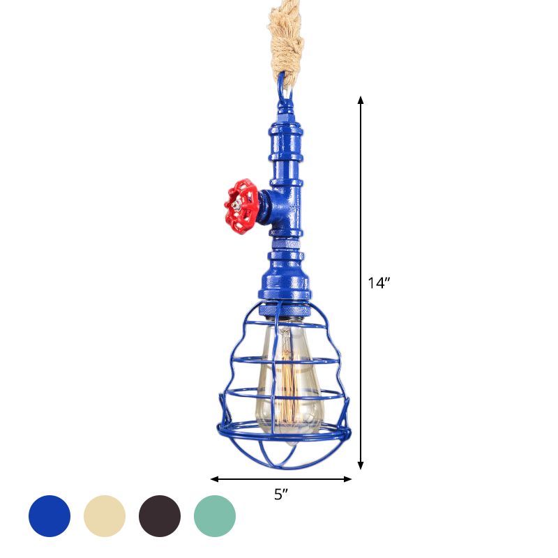 Steampunk Caged Down Lighting Pendant 1 Head Iron Hanging Ceiling Light with Rope Cord and Water Pipe Design in Blue/Rust/Bronze