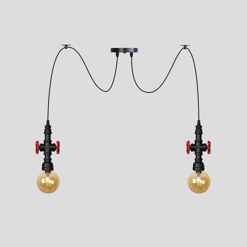 Globe Restaurant LED Multi Ceiling Light Industrial Amber Glass 2/3/6-Head Black Swag Pendant Lamp Fixture with Valve Deco