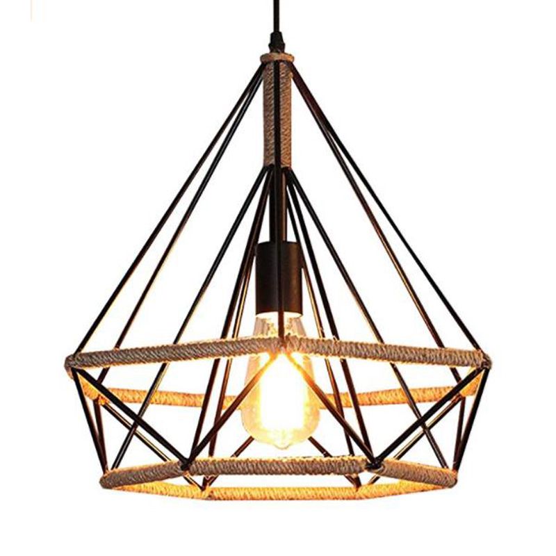 Black Diamond Pendant Ceiling Vintage Metal and Rope 1 Light Coffee Shop Hanging Lamp with Cage