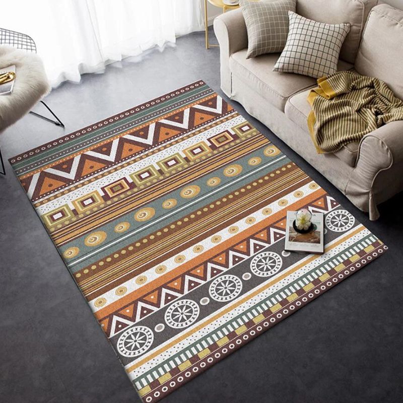 Brown Tribal Rug Polyester Geometric and Striped Pattern Rug Washable Non-Slip Backing Carpet for Living Room