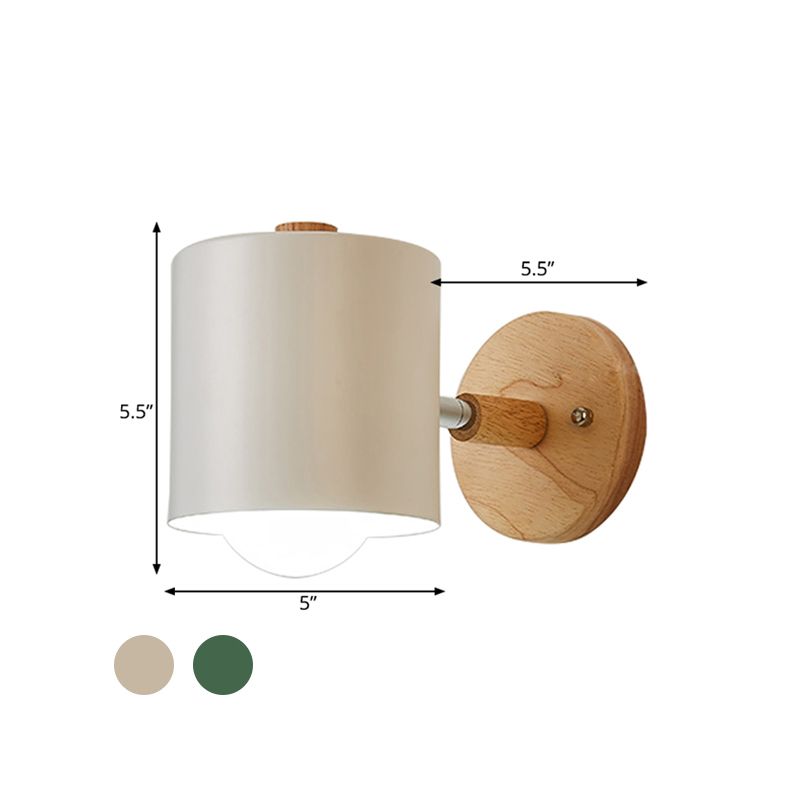 Lighting a parete in metallo a tubo contemporaneo 1 testa bianca/verde lampada di scarico con retro in legno cerchio