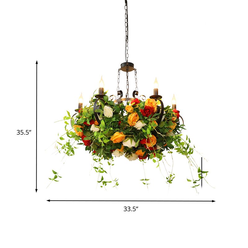 Metal Black Chandelier Lamp Rose 6 Lights Industrial LED Hanging Ceiling Light with Plant Decor