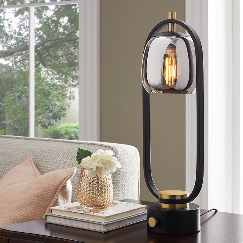 Smoke Gray Mirror Glass Jar Night Table Light Designer 1 Light Reading Lamp in Black with Oval Frame