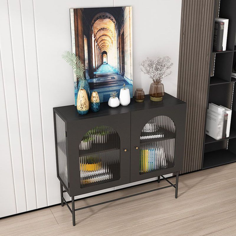 Modern Black Iron Sideboard Glass Doors Cabinets Dining Server for Living Room