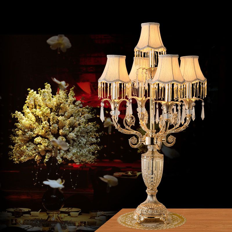 5 Bulbs Crystal Spears Table Light Traditional Gold Candlestick Parlor Nightstand Lamp with/without Fabric Bell Shade