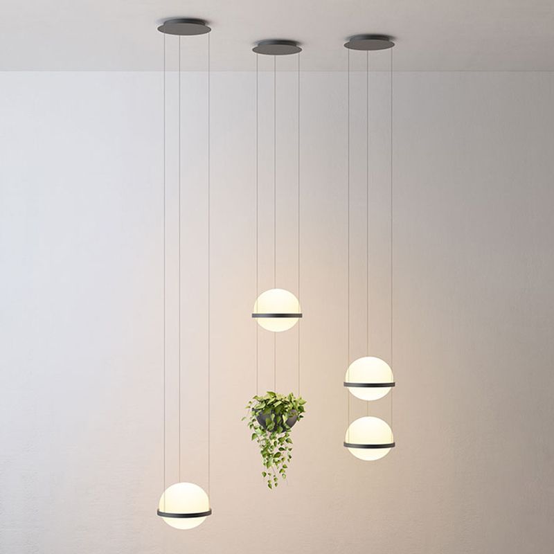 Spherical Suspension Fixture Loft Style White Glass Black Pendant Lighting for Staircase