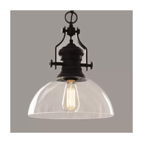 Farmhouse Dome Pendant Lamp 1-Light Clear Glass Hanging Light Fixture in Black