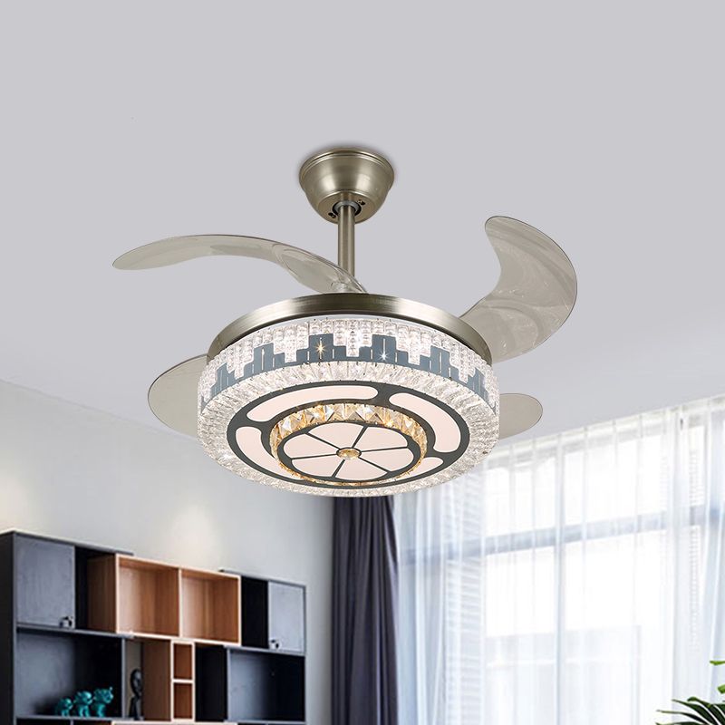 LED Circular Semi Flush Modern Stainless-Steel Clear Crystal Blocks 4 Blades Pendant Fan Light, 19" Wide