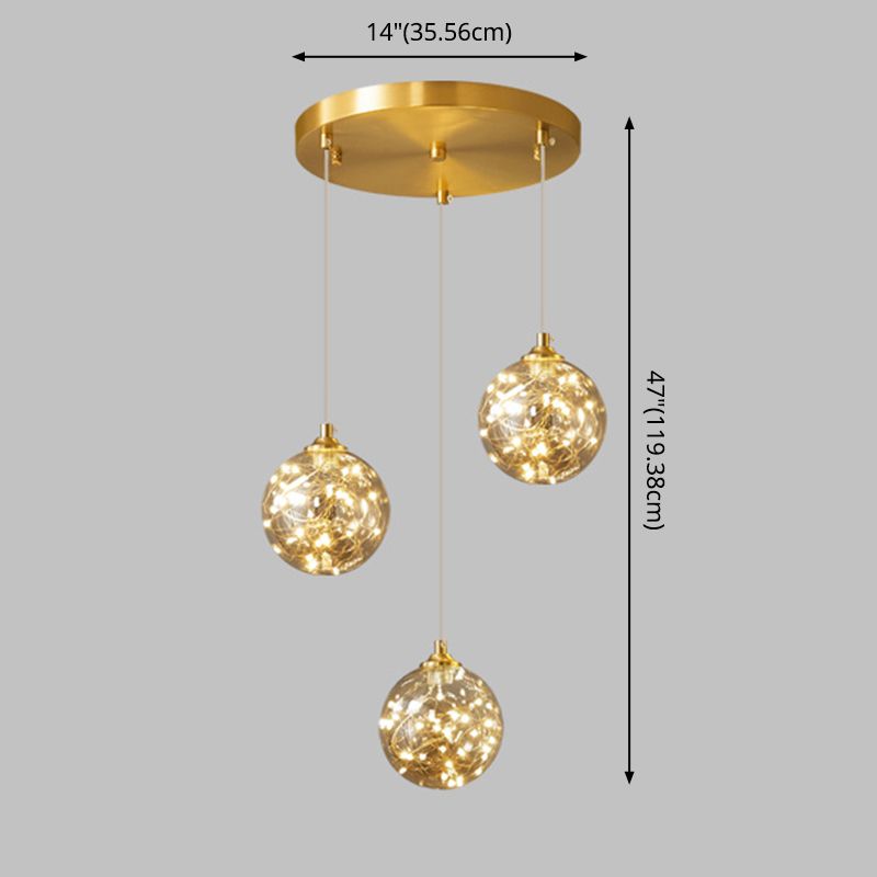 Finition en laiton globe suspension lampe nordique en verre ambre LED Éclairage pendentif étoilé pour la chambre