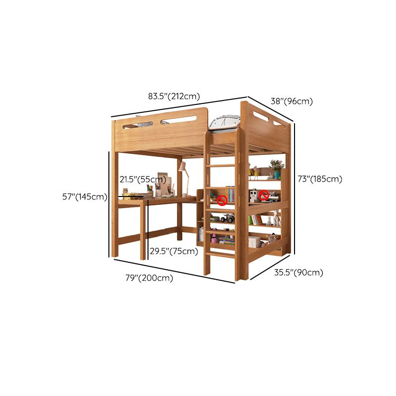 Brown Loft Bed Scandinavian Solid Wood High Loft Built-In Ladder Kids Bed