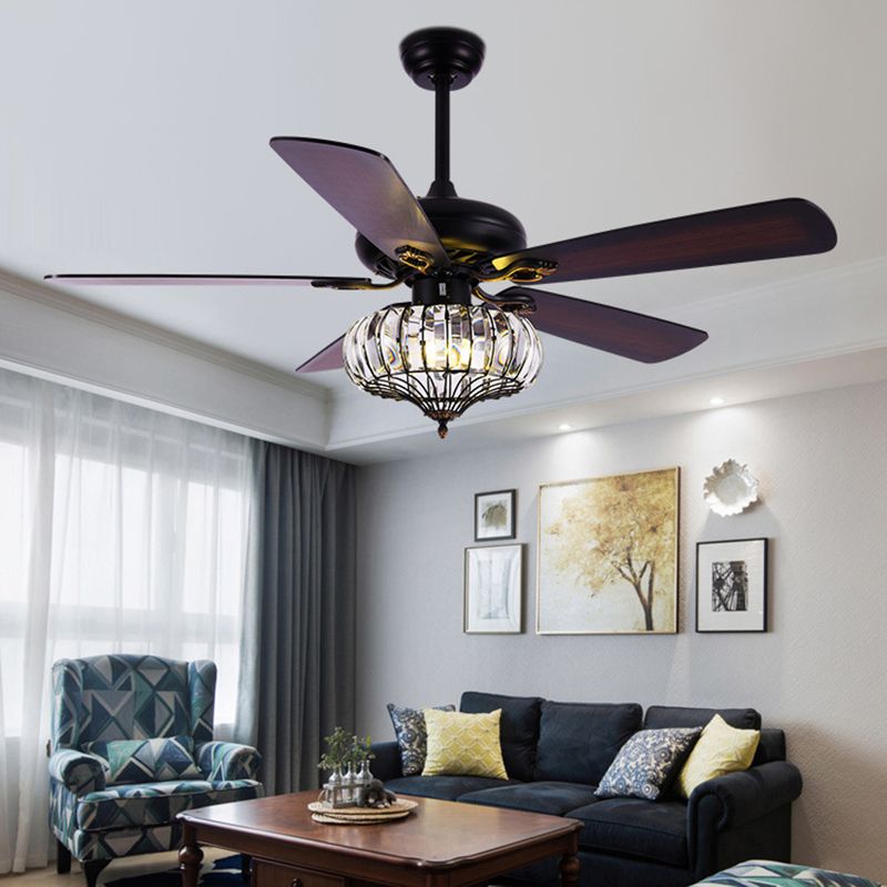 Dark Coffee LED Hanging Fan Light Traditional Crystal Round Semi Flush Mount Lamp with 5 Wooden Blades for Dining Room, 52" Wide