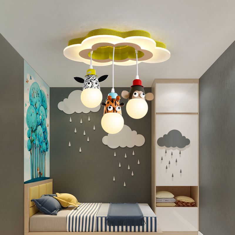 Metallic Animal Head Multi Ceiling Lamp Kids White Suspension Light with Cloud Shaped Canopy