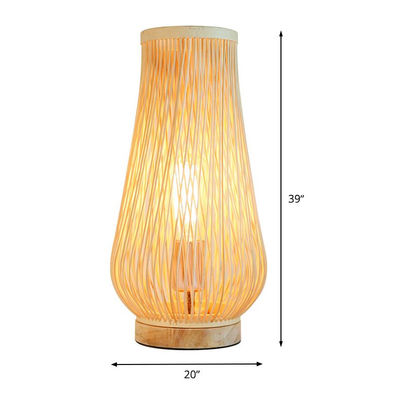 Single Head Bedroom Table Lamp Asian Style Beige Desk Light with Teardrop Bamboo Shade