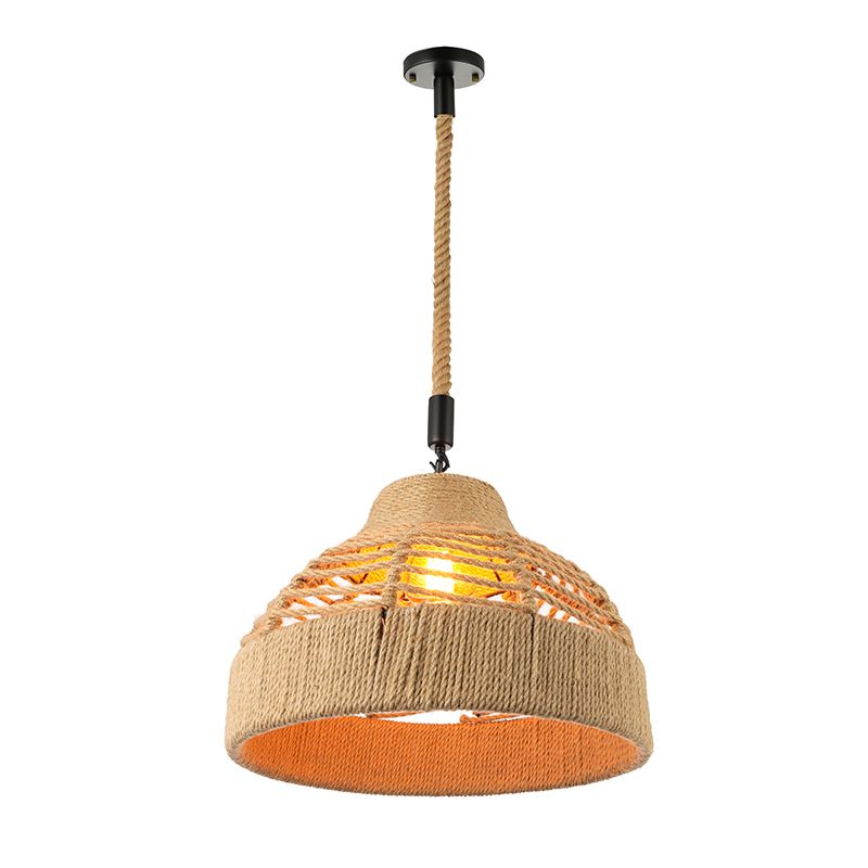 Rope Flared/Bowl Cage Shade Pendant Light Vintage Industrial 1 Head Restaurant Hanging Lamp in Beige