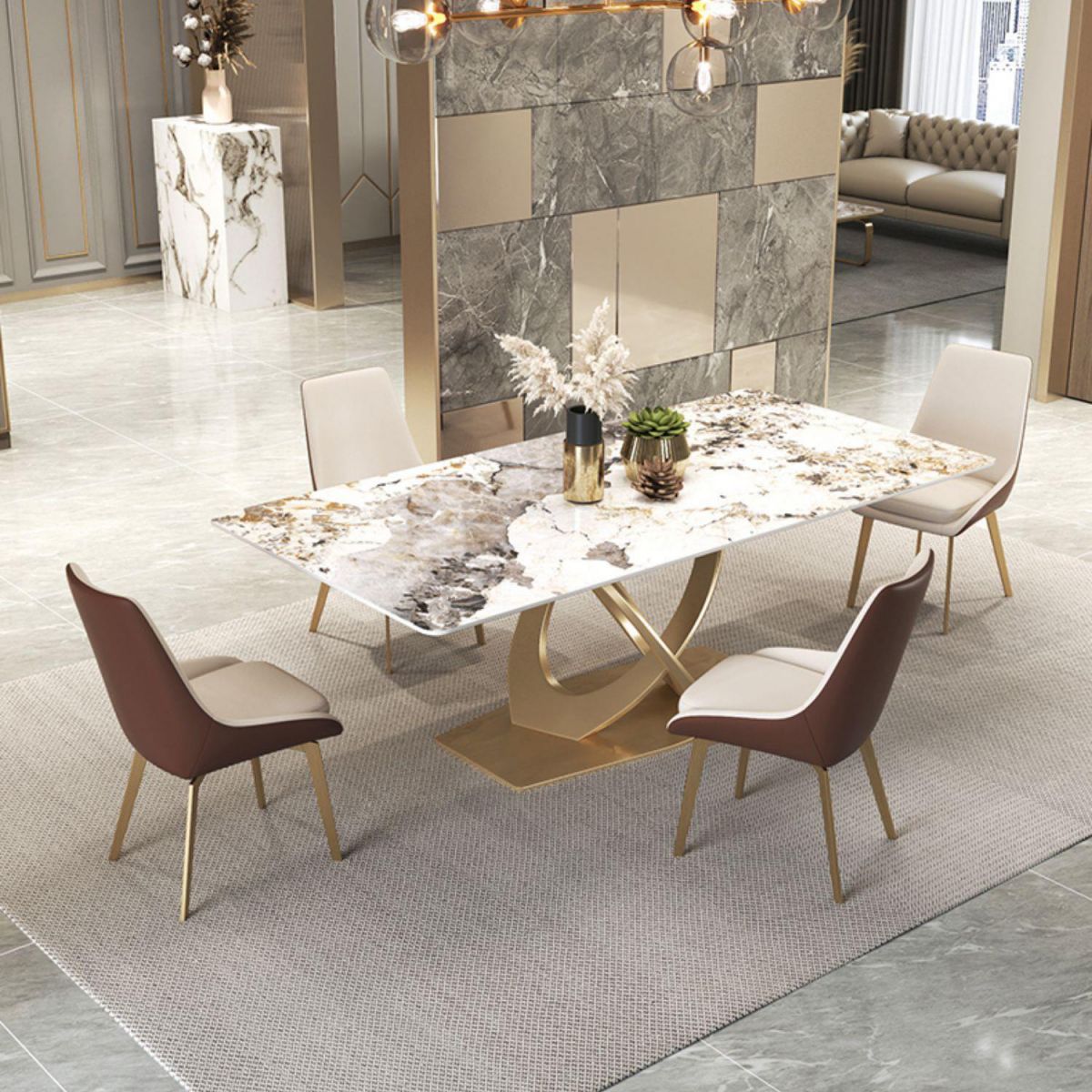 Glossy Beige Dining Table Set 1/2/5/7 Pcs Glam Dinette Set with Leather Chairs